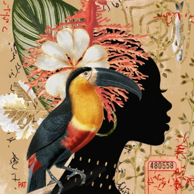 fine art print black woman bird flowers colorful expressive composition