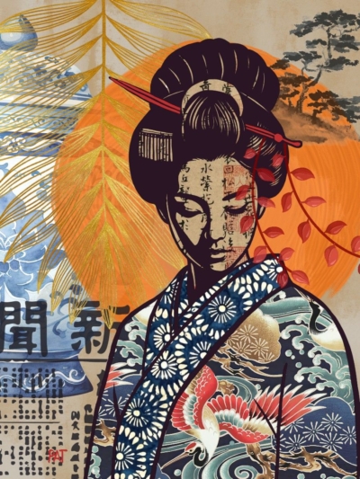 fine art print japanese woman kimono warm tones abstract composition