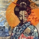 fine art print japanese woman kimono warm tones abstract composition