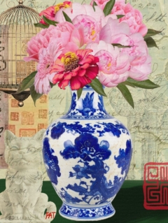 fine art print blue vase pink flowers porcelain elegant composition