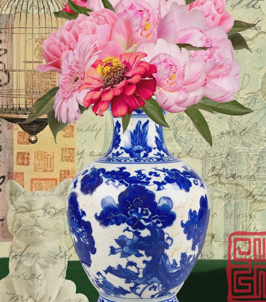 fine art print blue vase pink flowers porcelain elegant composition