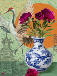 fine art print blue vase flowers crane sun serene composition