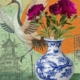 fine art print blue vase flowers crane sun serene composition