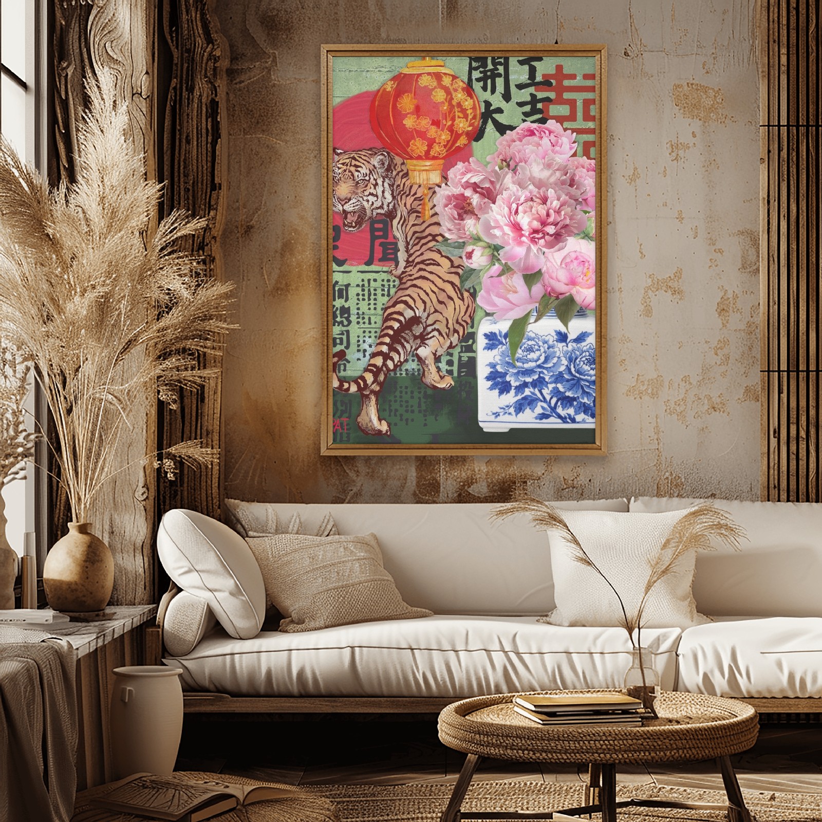 fine art print blue vase flowers tiger porcelain bold composition - Mockup 3