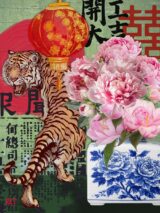 fine art print blue vase flowers tiger porcelain bold composition