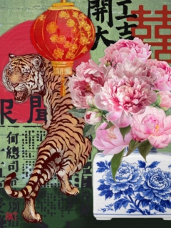 fine art print blue vase flowers tiger porcelain bold composition