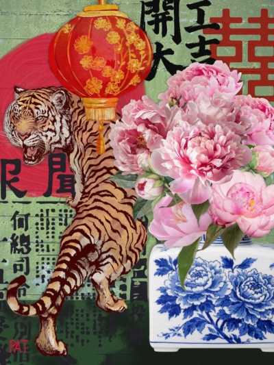 fine art print blue vase flowers tiger porcelain bold composition