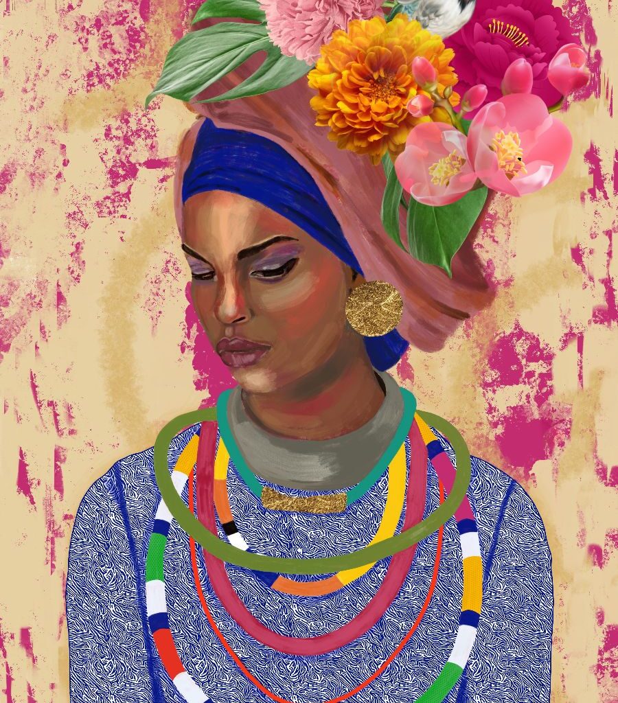 fine art print black woman headwrap jewelry detailed portrait