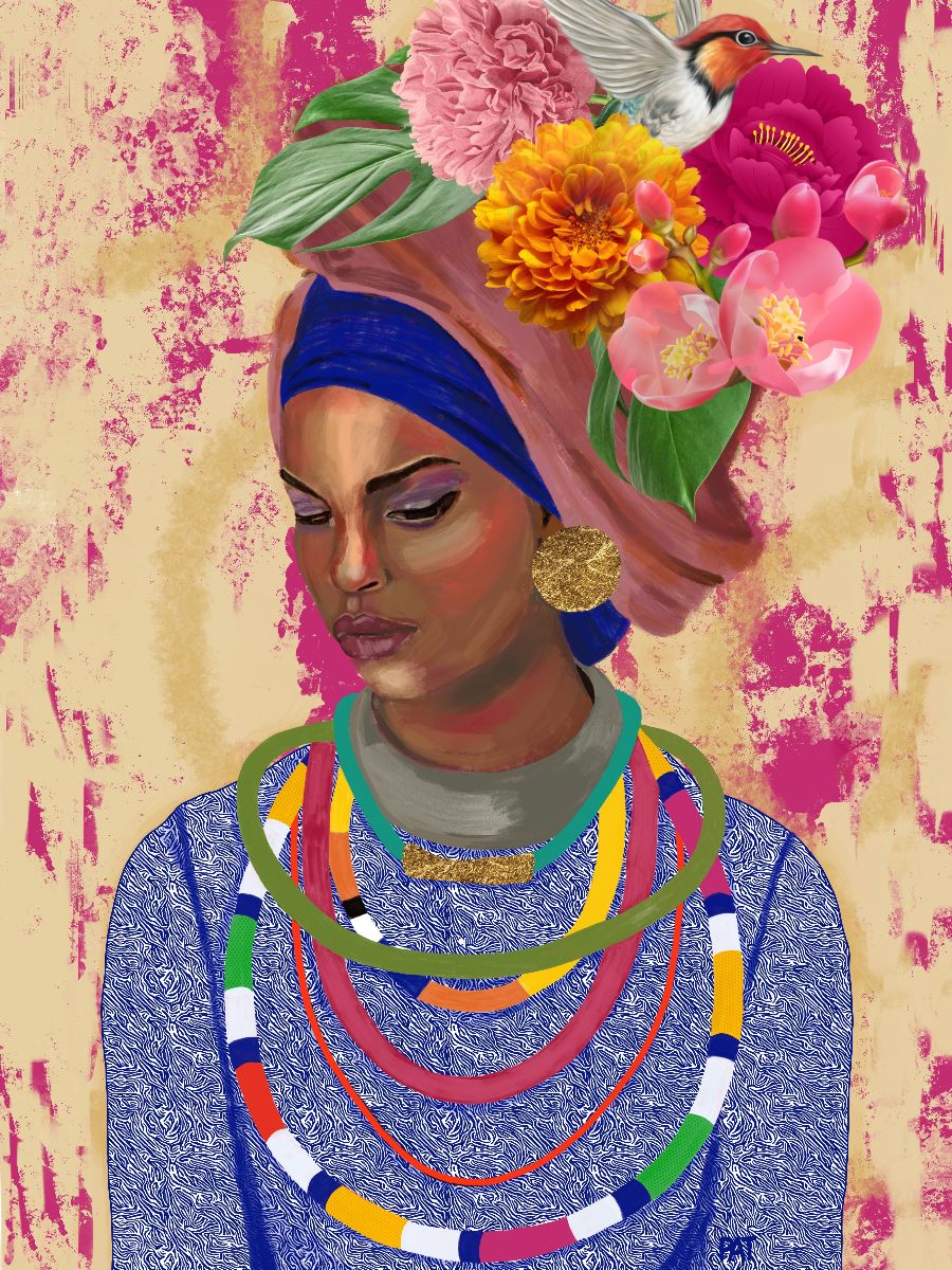 fine art print black woman headwrap jewelry detailed portrait